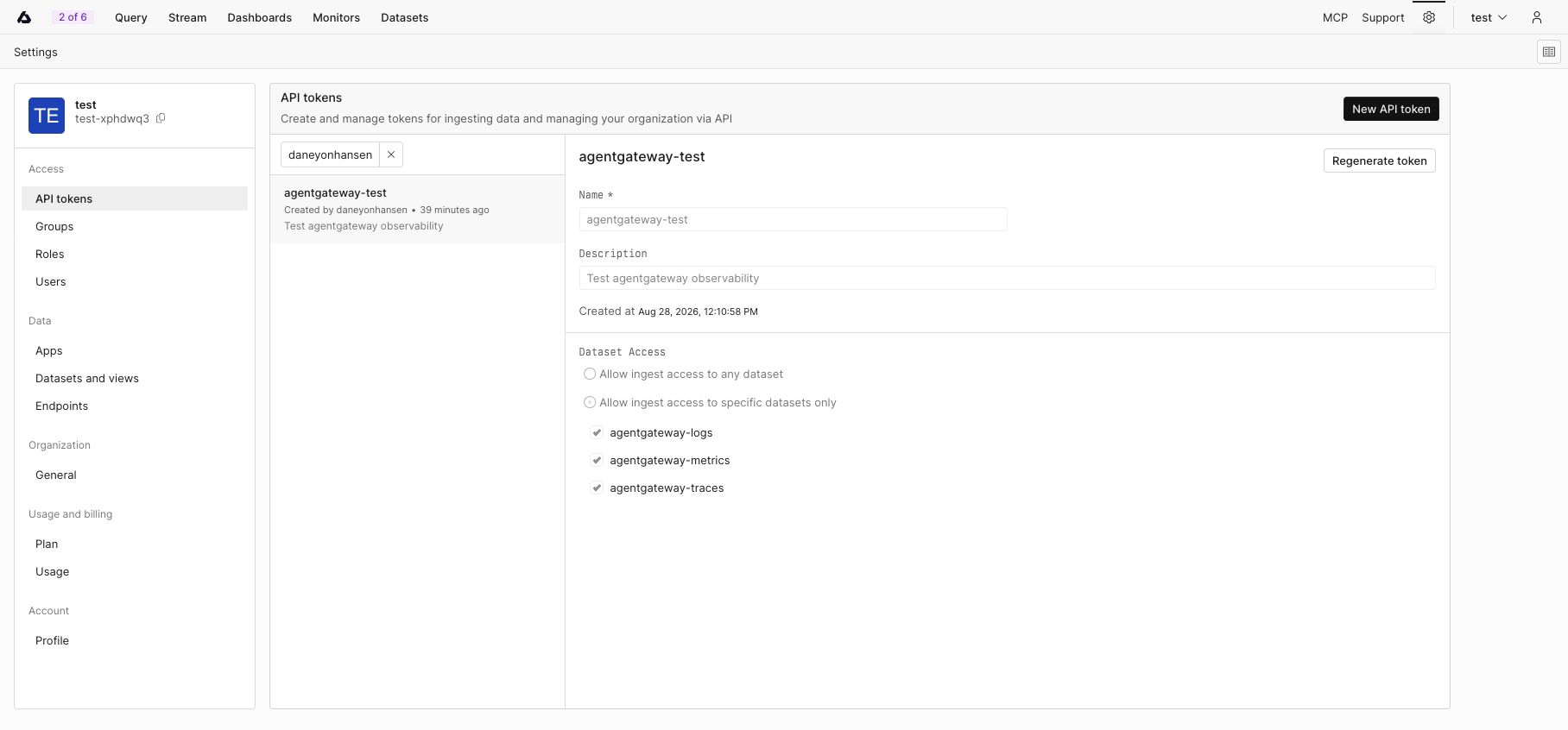 Axiom API token settings showing ingest access limited to the agentgateway logs, metrics, and traces datasets