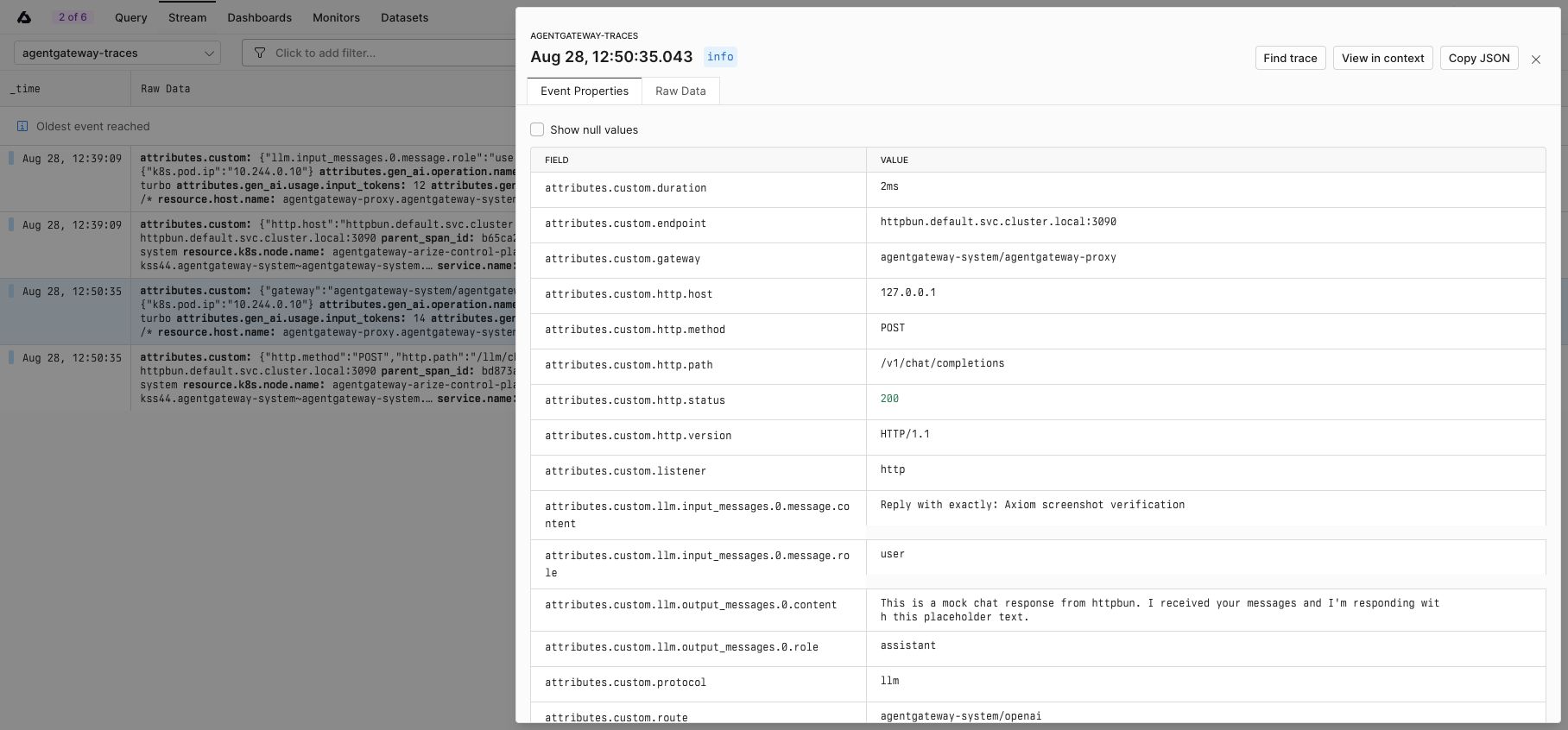 Axiom trace event details showing an agentgateway trace ID, OpenAI model, token usage, and LLM input and output