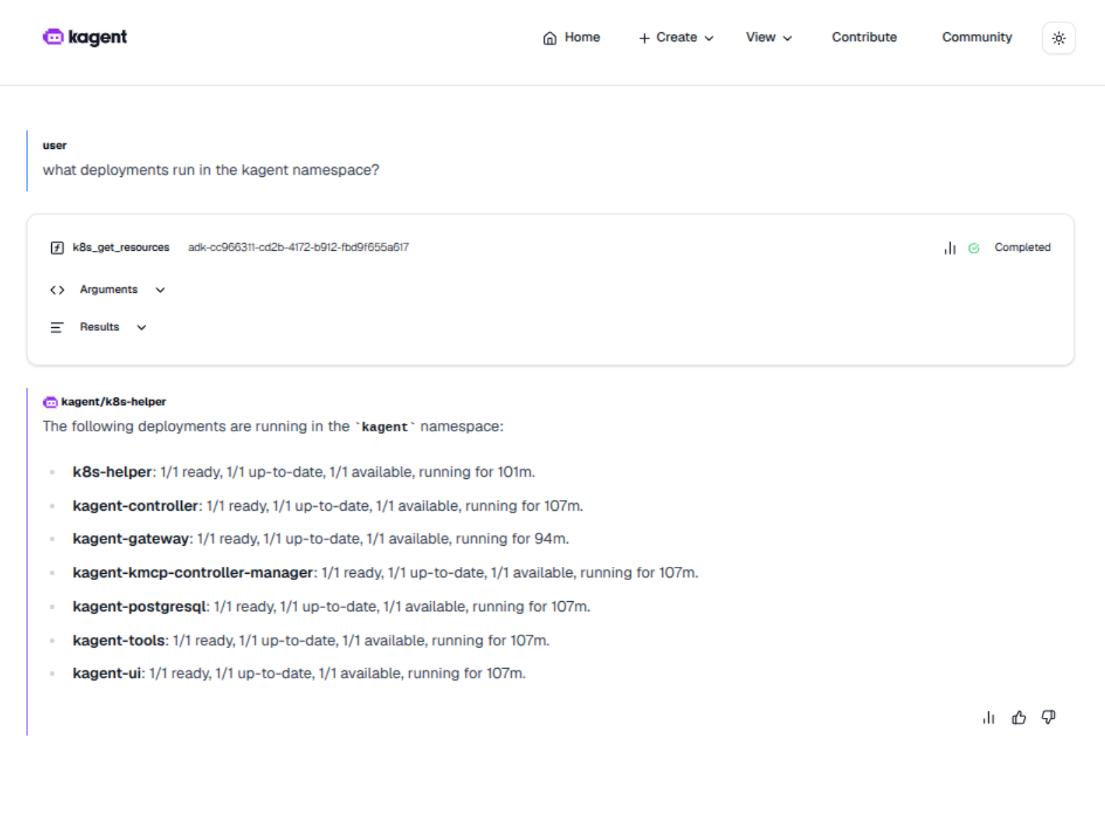 Chatting with the k8s-helper agent in the kagent UI