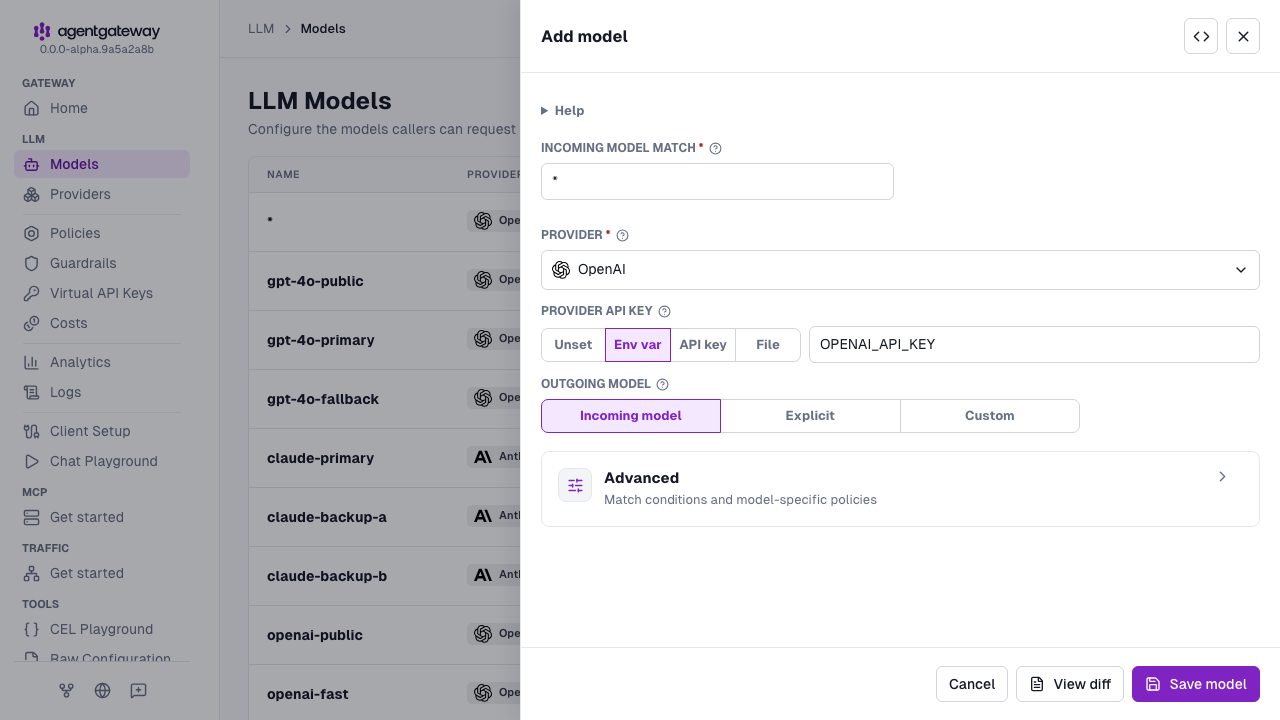 Add model drawer with the OpenAI provider, * as the incoming model match, and the provider API key read from the OPENAI_API_KEY environment variable