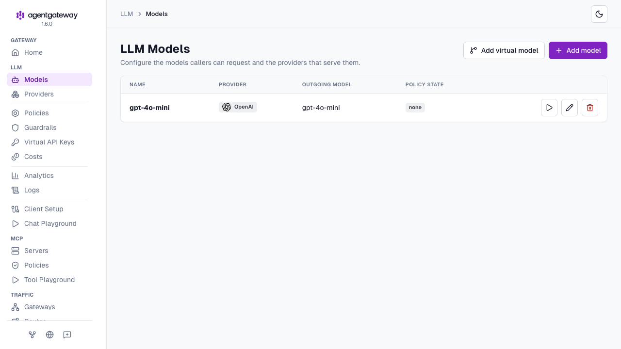 LLM Models page with one gpt-4o-mini model from the OpenAI provider and play, edit, and delete icons